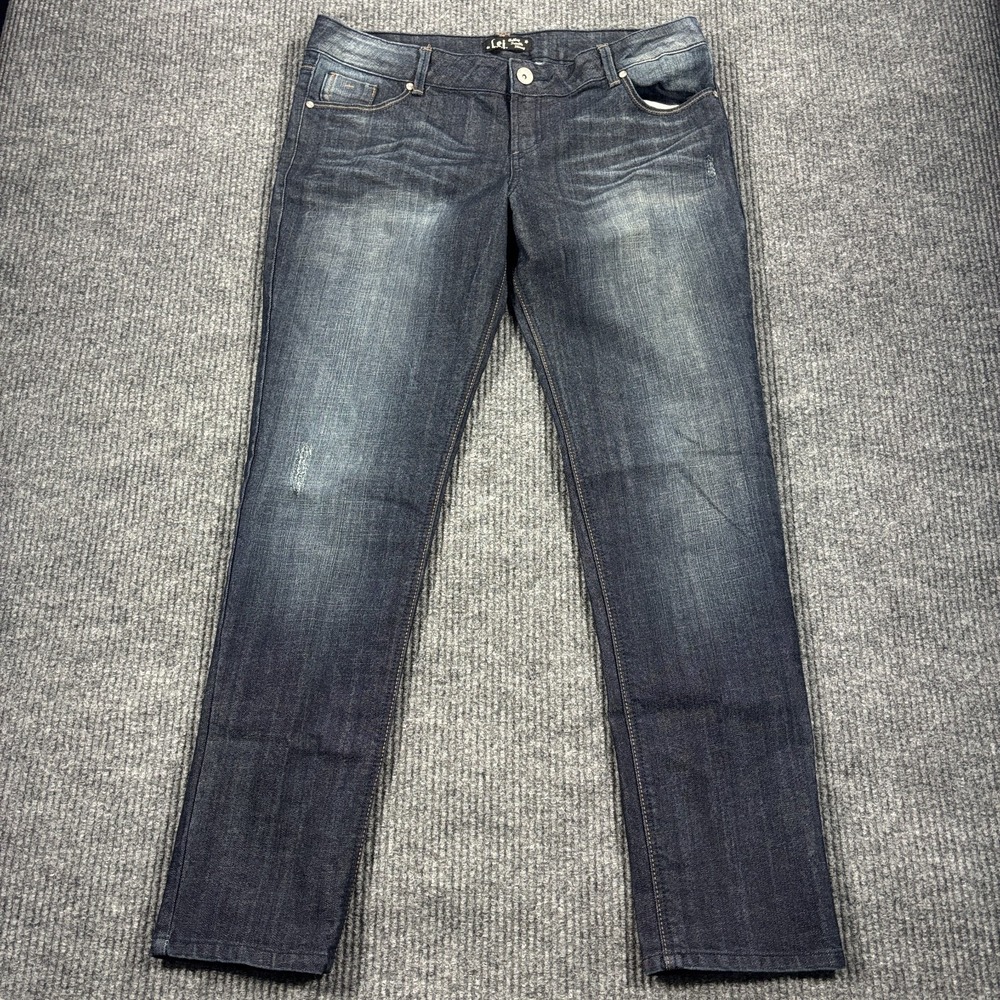 L.e.i.‎ Ashley Trouble Skinny Jeans Junior 17 Blue Indigo Denim Embroidered - Picture 2 of 16